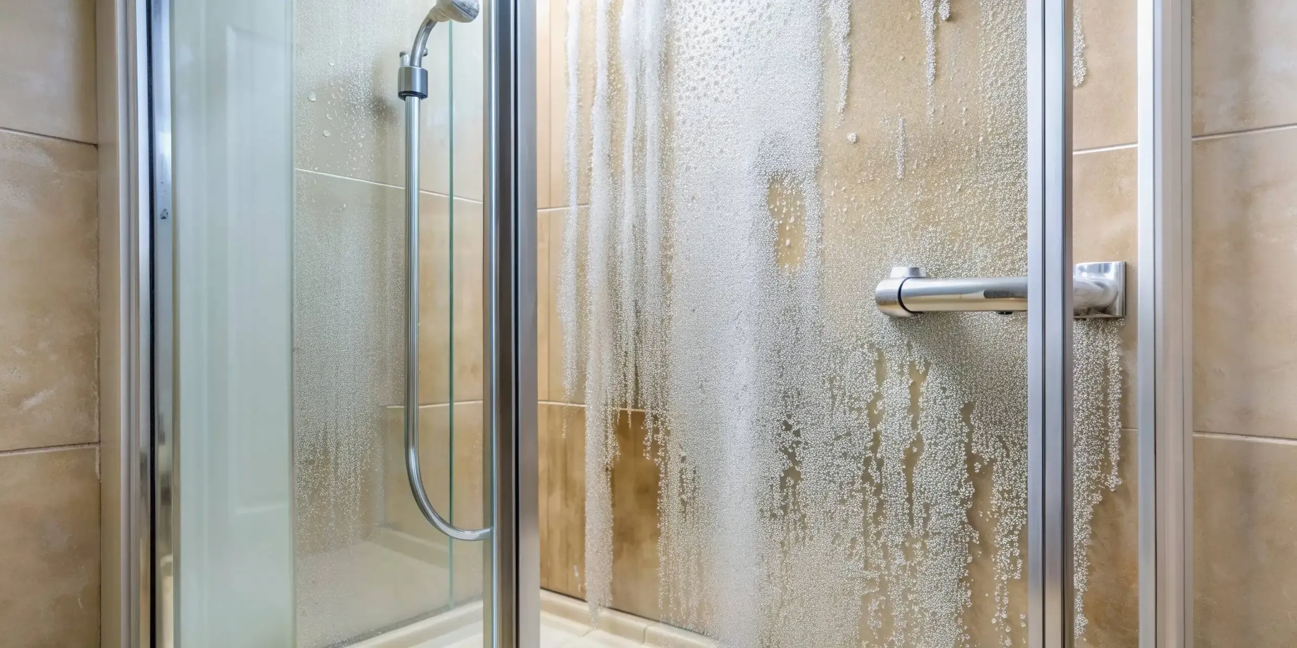 Hard Water shower glass door covered in unsightly white lime scale deposits and streaks due to hard water mineral buildup, need for water softener evident. hard water on shower glass