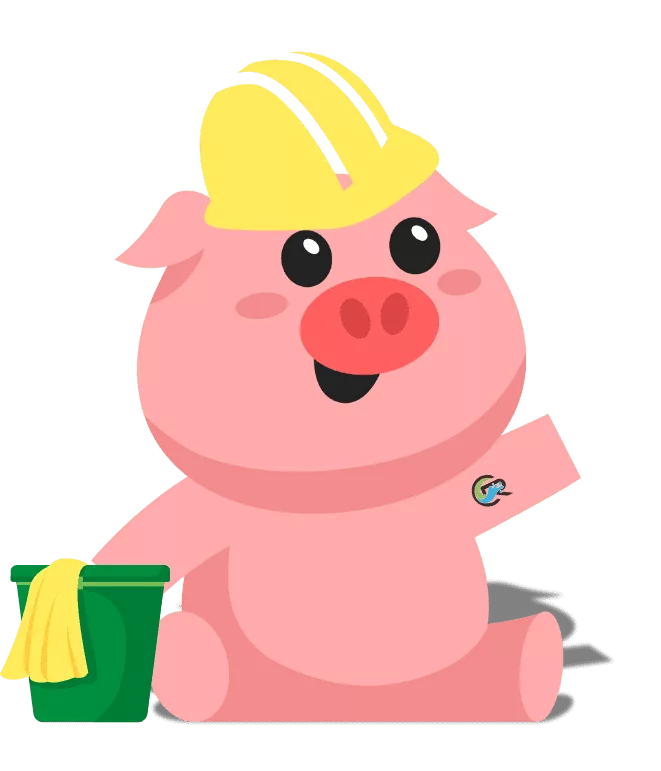 SqueakR the pig in a construction hat with a bucket and a rag.