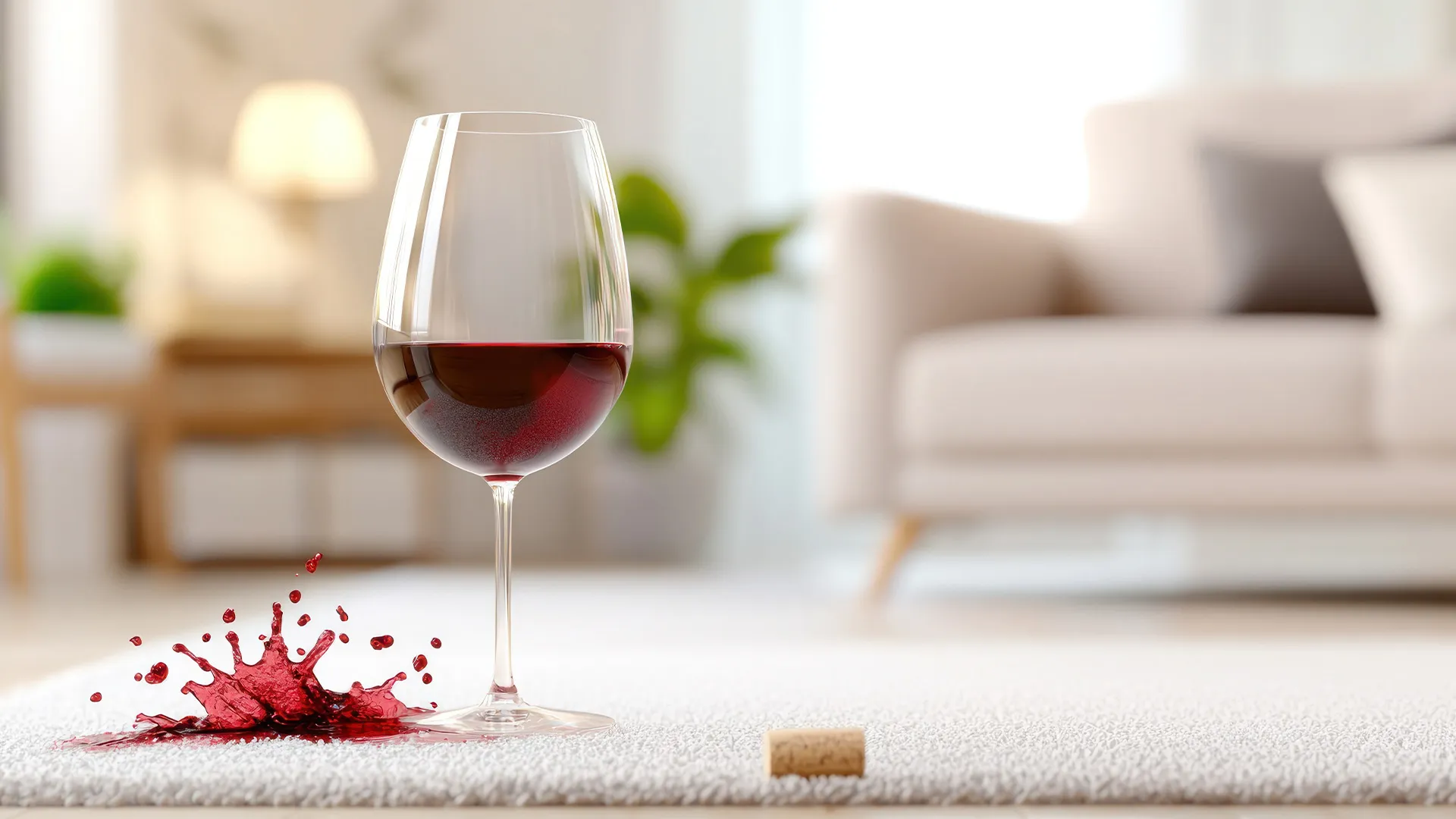 Blog 3 A wine glass sitting on top of carpet with red wine spilling out of it onto the carpet.